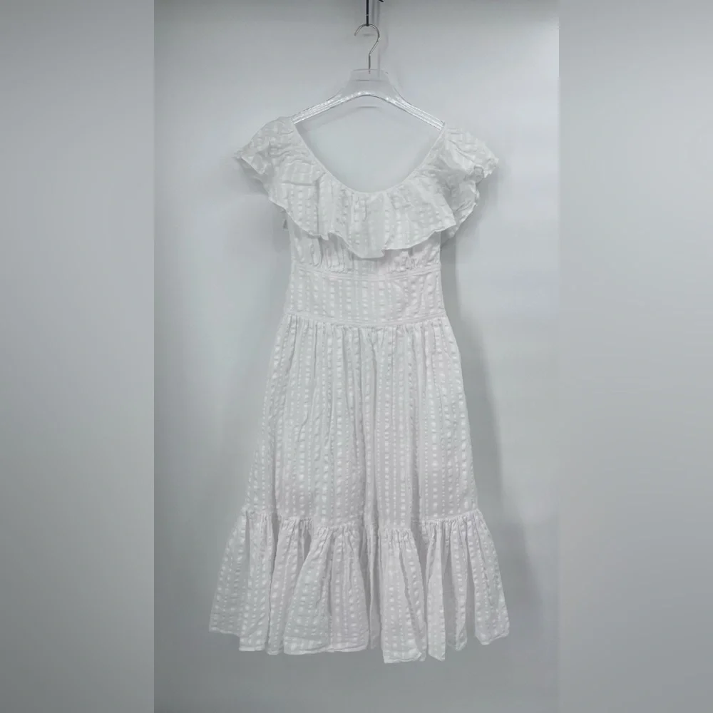 TORY BURCH White Tonal‎ Stripe Cotton Seersucker Dress Size 4